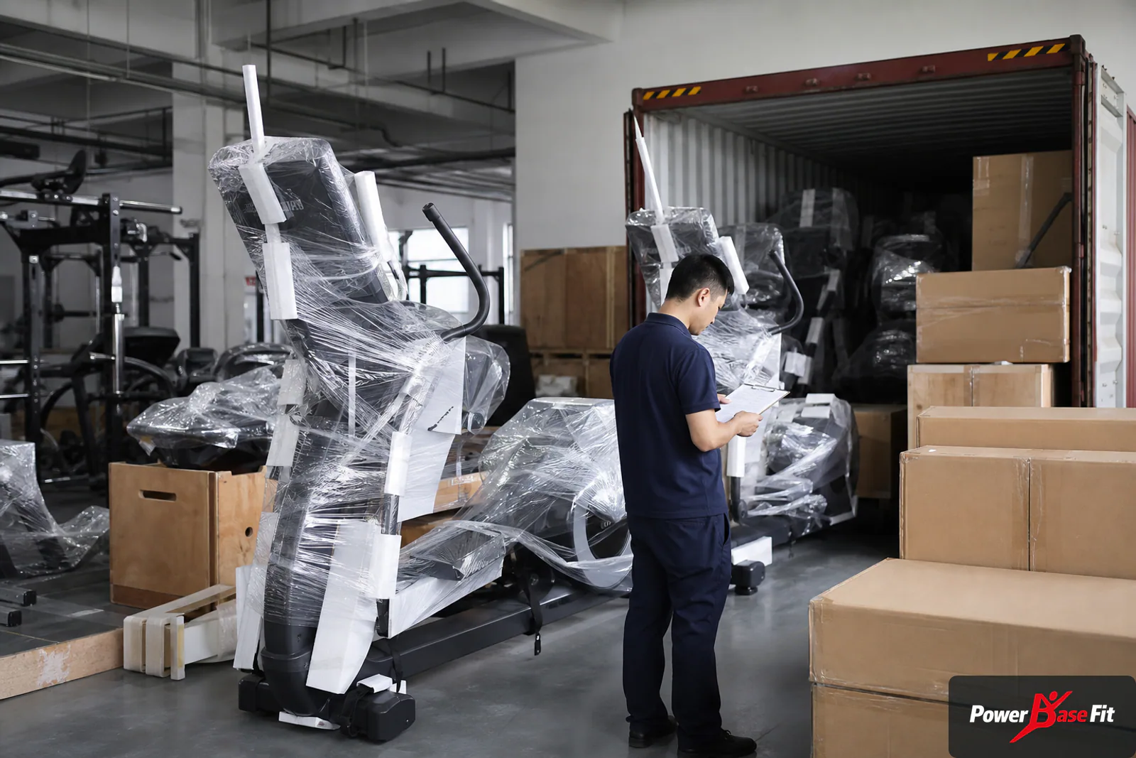 Reinforced export packing of commercial gym equipment for remote industrial site delivery
