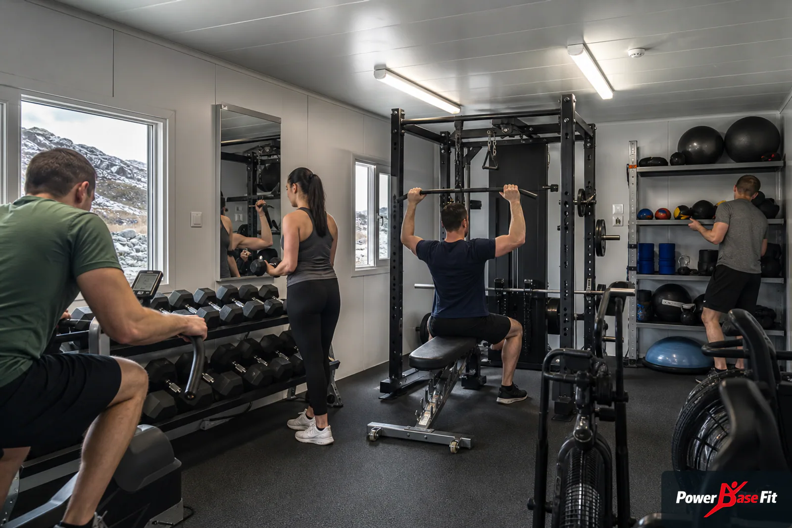 Compact commercial fitness room for industrial site staff accommodation with strength cardio and storage