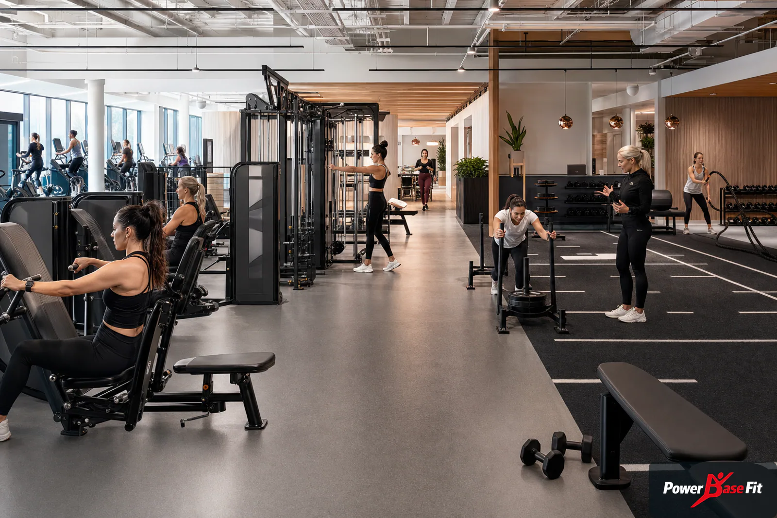 Women-focused commercial strength and functional fitness club equipment planning scene