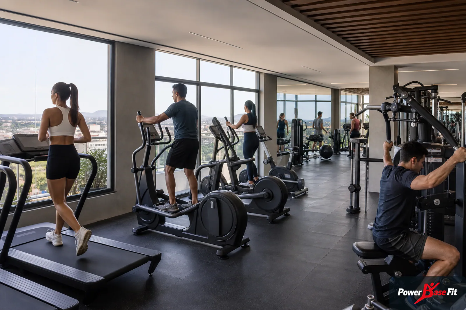 Gimnasio de condominio con cardio silencioso fuerza y zona de estiramiento