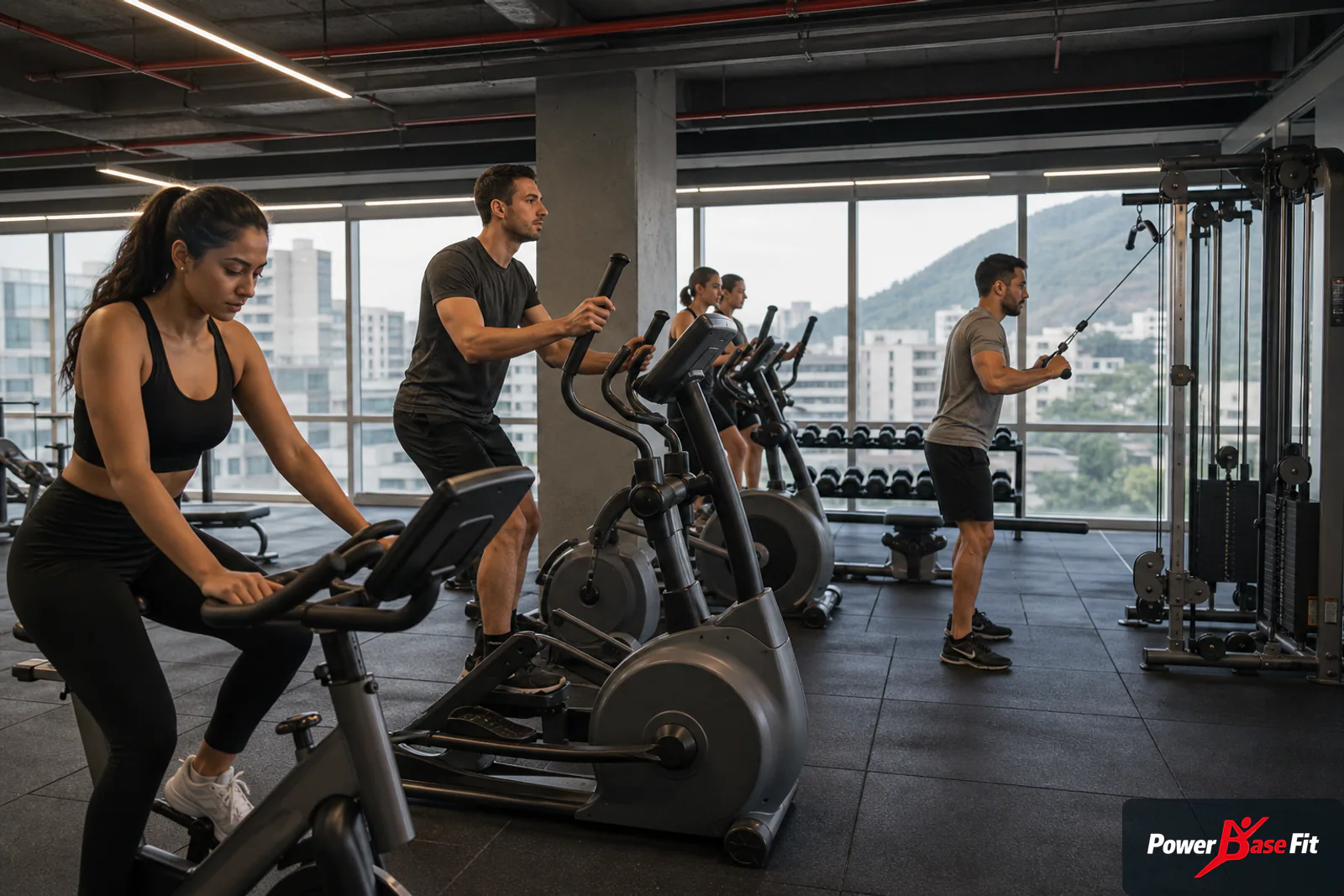Gimnasio corporativo compacto con equipos de fuerza y cardio silenciosos