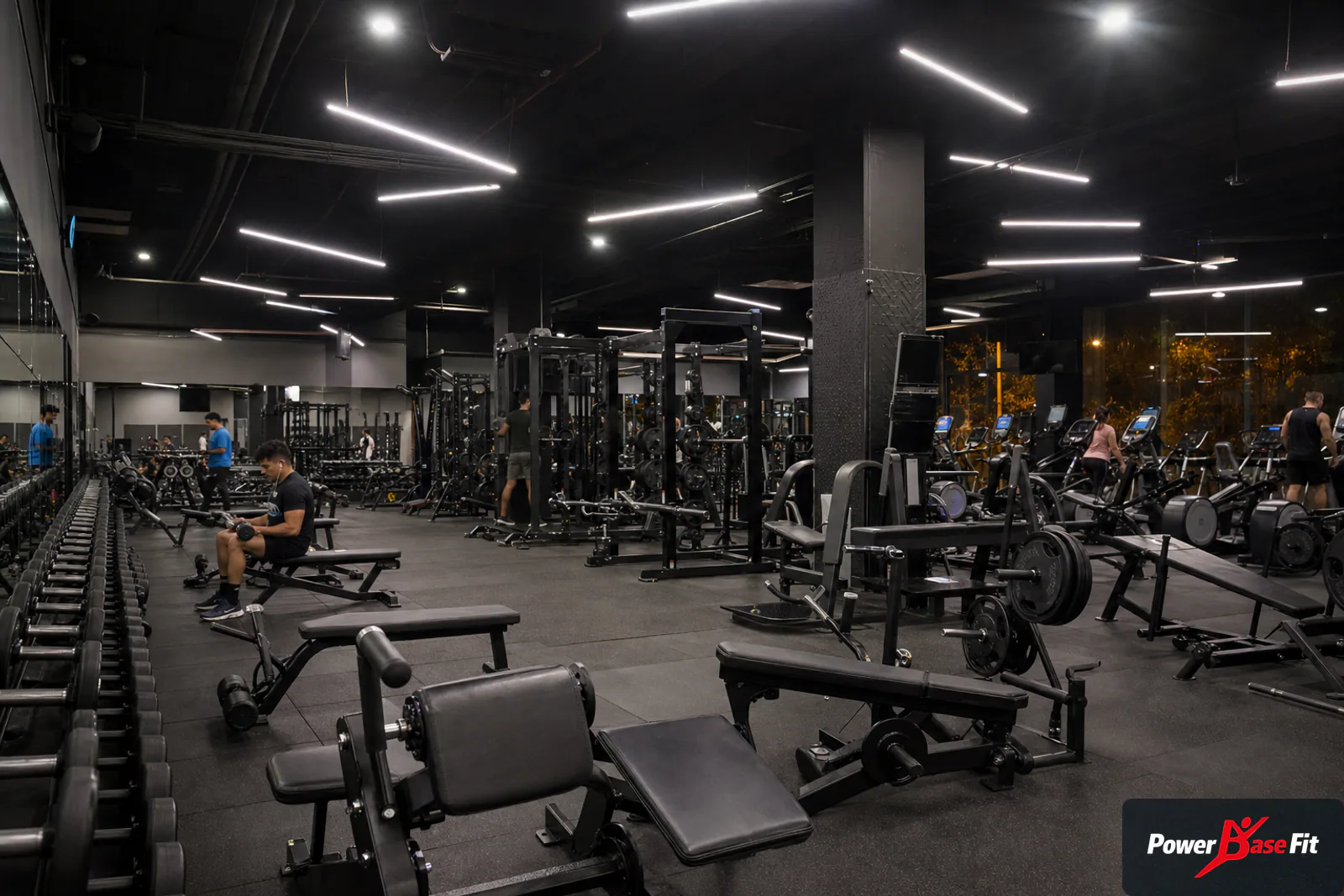 Gimnasio comercial 24 horas con zonas visibles de fuerza cardio y peso libre