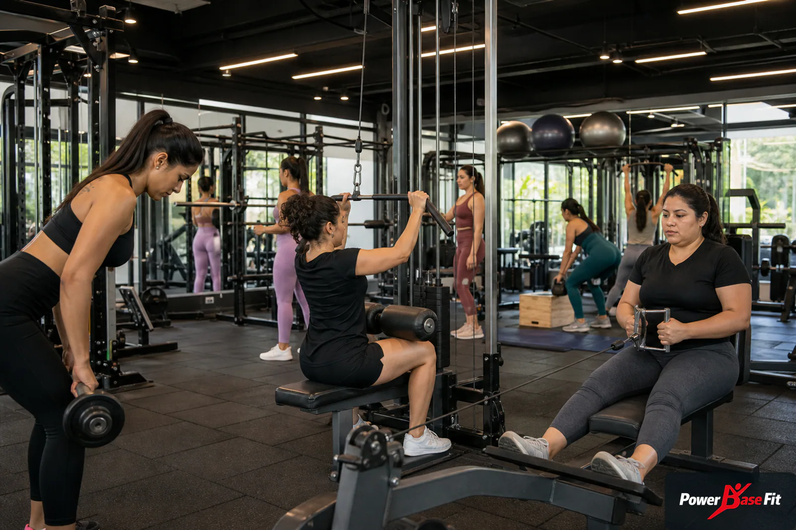 Gimnasio femenino comercial con fuerza cable peso libre y zona funcional