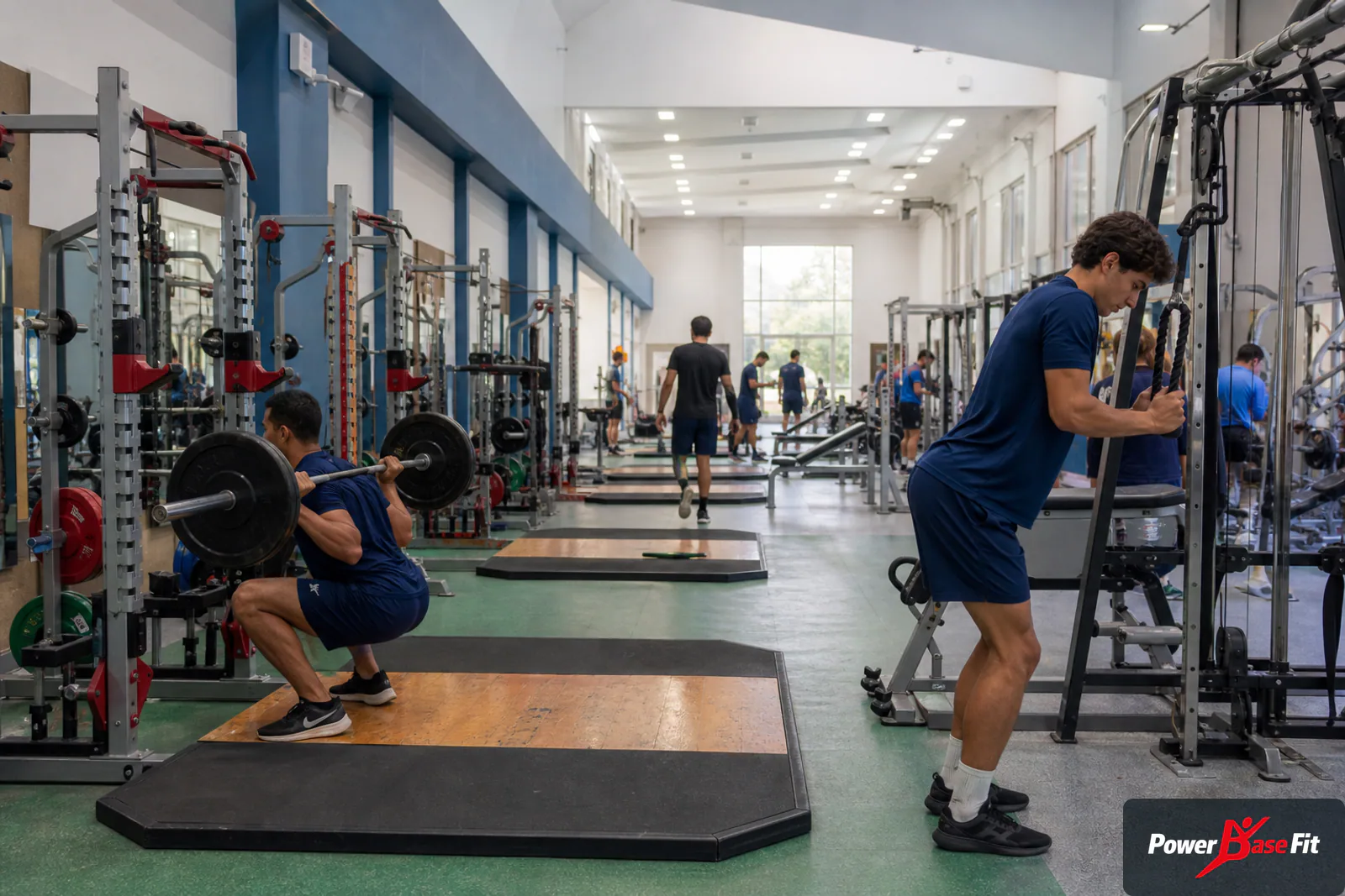 Centro universitário com racks plataformas cabos e cardio